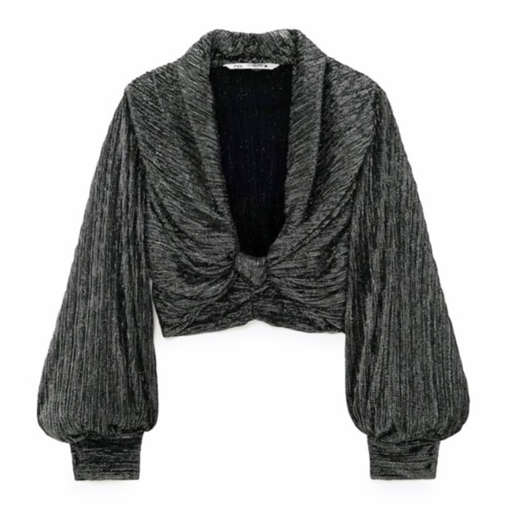 Zara black metallic long sleeve crop top XS nwt - Picture 5 of 11